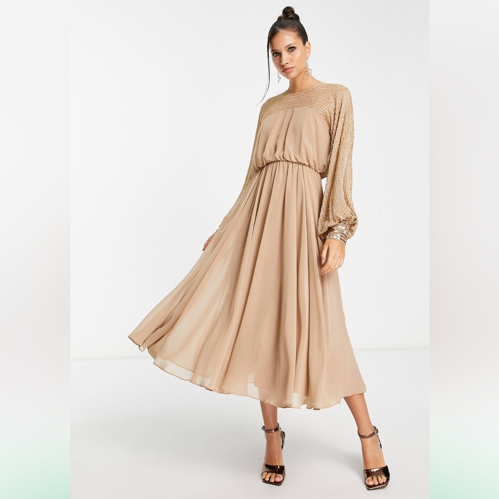 ASOS DESIGN- midi dress with linear yoke embellishment in stone. NWOT